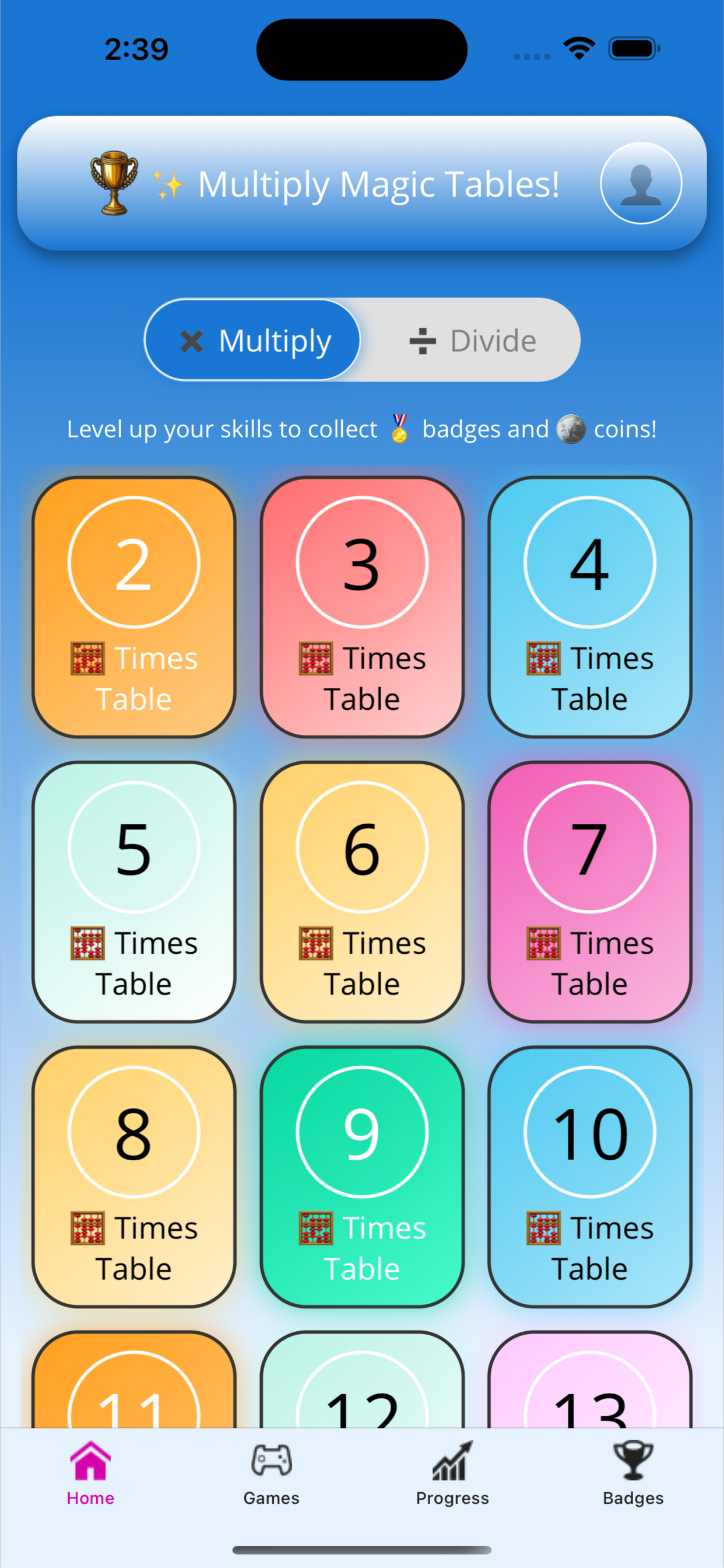 Multiplication Tables home screen