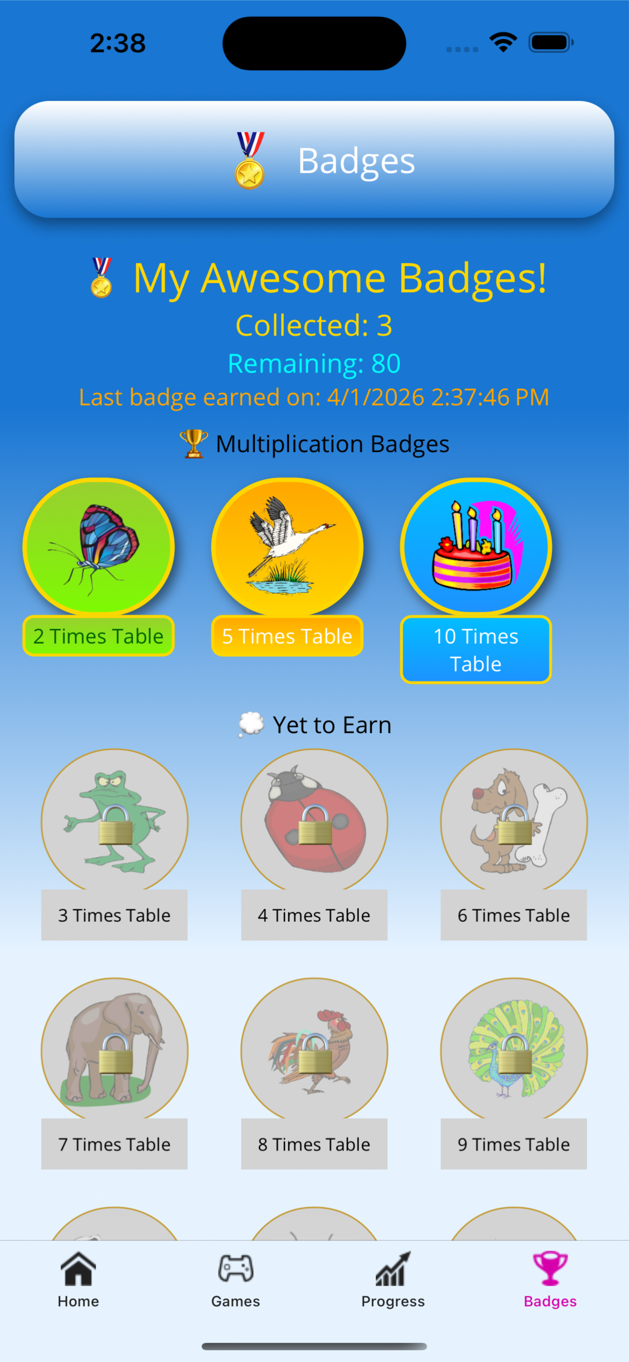 Multiplication Tables badges screen