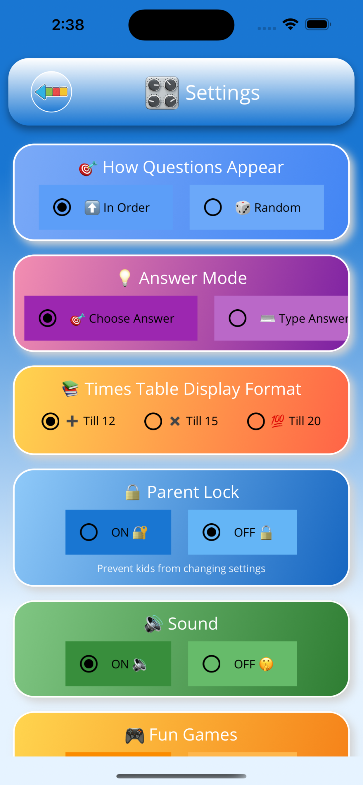 Multiplication Tables statistics screen
